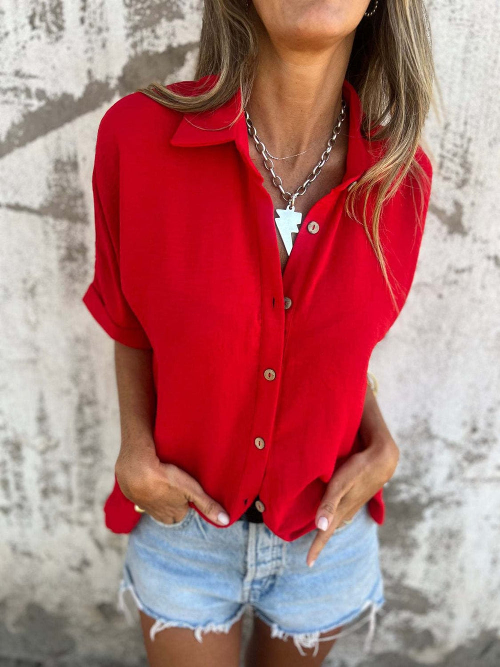 Full Size Collared Neck Half Sleeve Shirt Plus Size - Trendsi