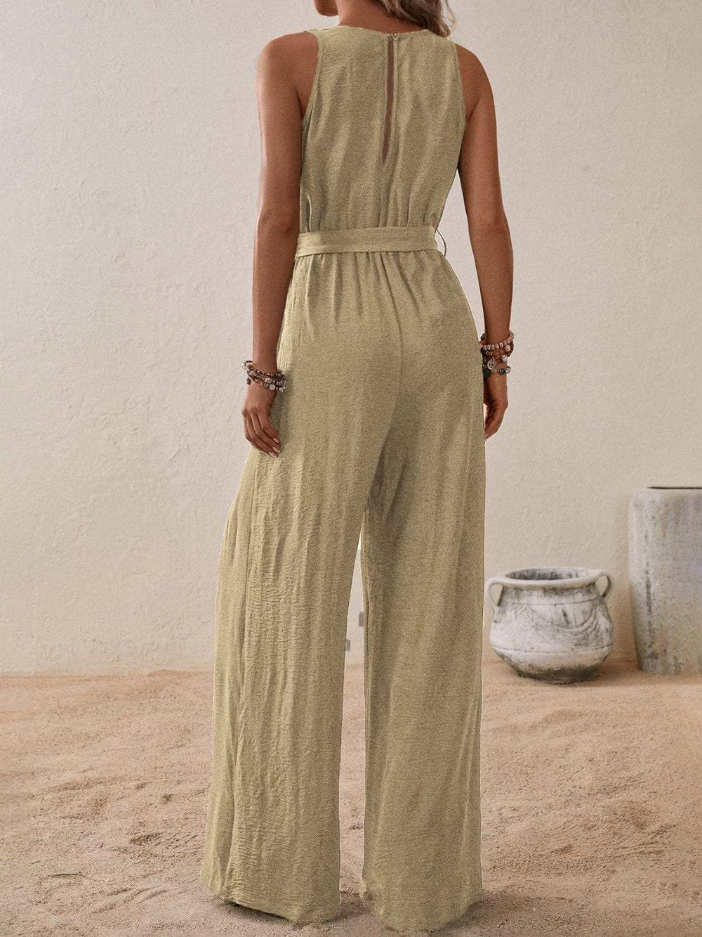 Tied Surplice Sleeveless Wide Leg Jumpsuit - Trendsi - Flyclothing LLC