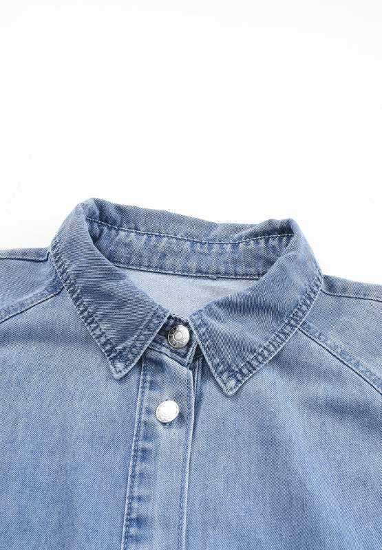 Distressed Collared Neck Flounce Sleeve Denim Dress - Trendsi - Flyclothing LLC