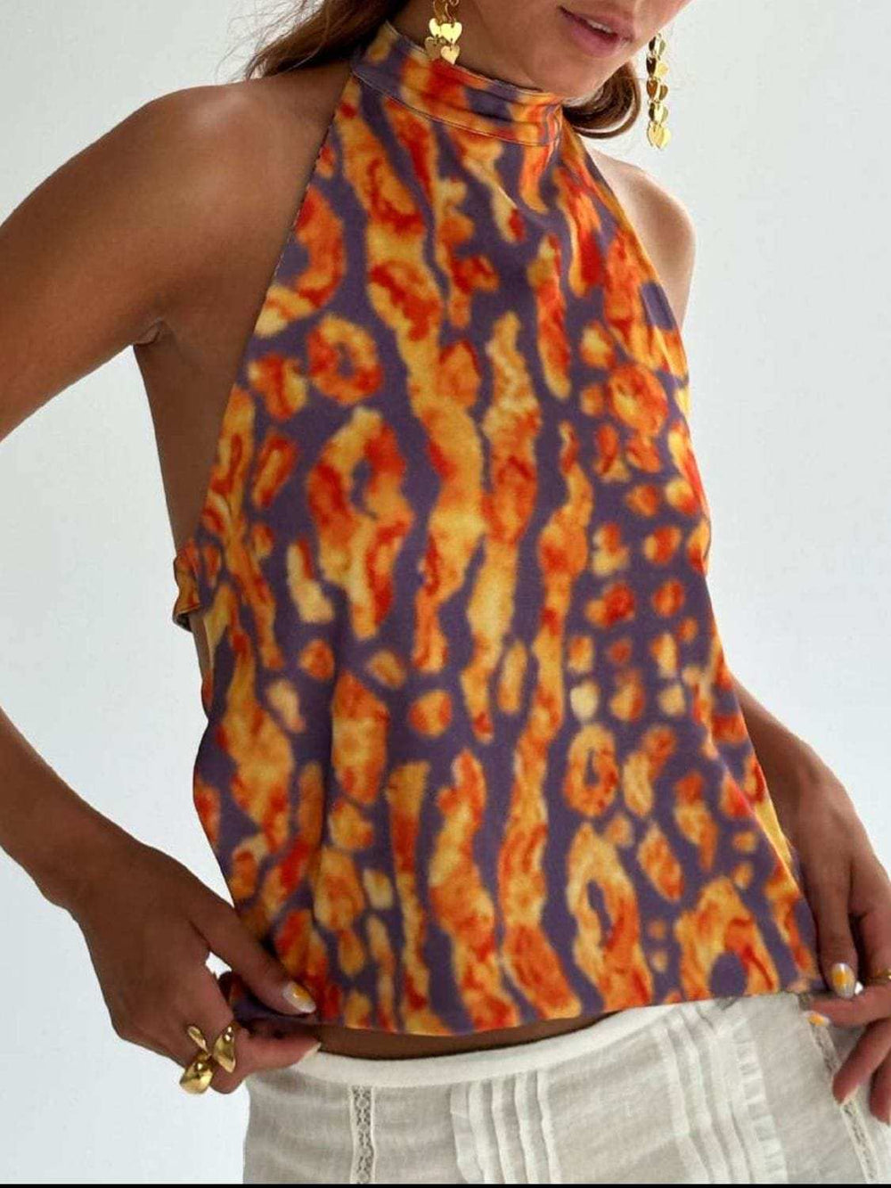 Backless Printed Halter Neck Tank - Trendsi - Flyclothing LLC