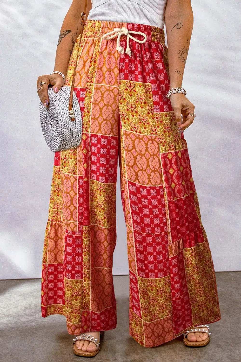 Full Size Drawstring Printed Wide Leg Pants - Trendsi - Flyclothing LLC