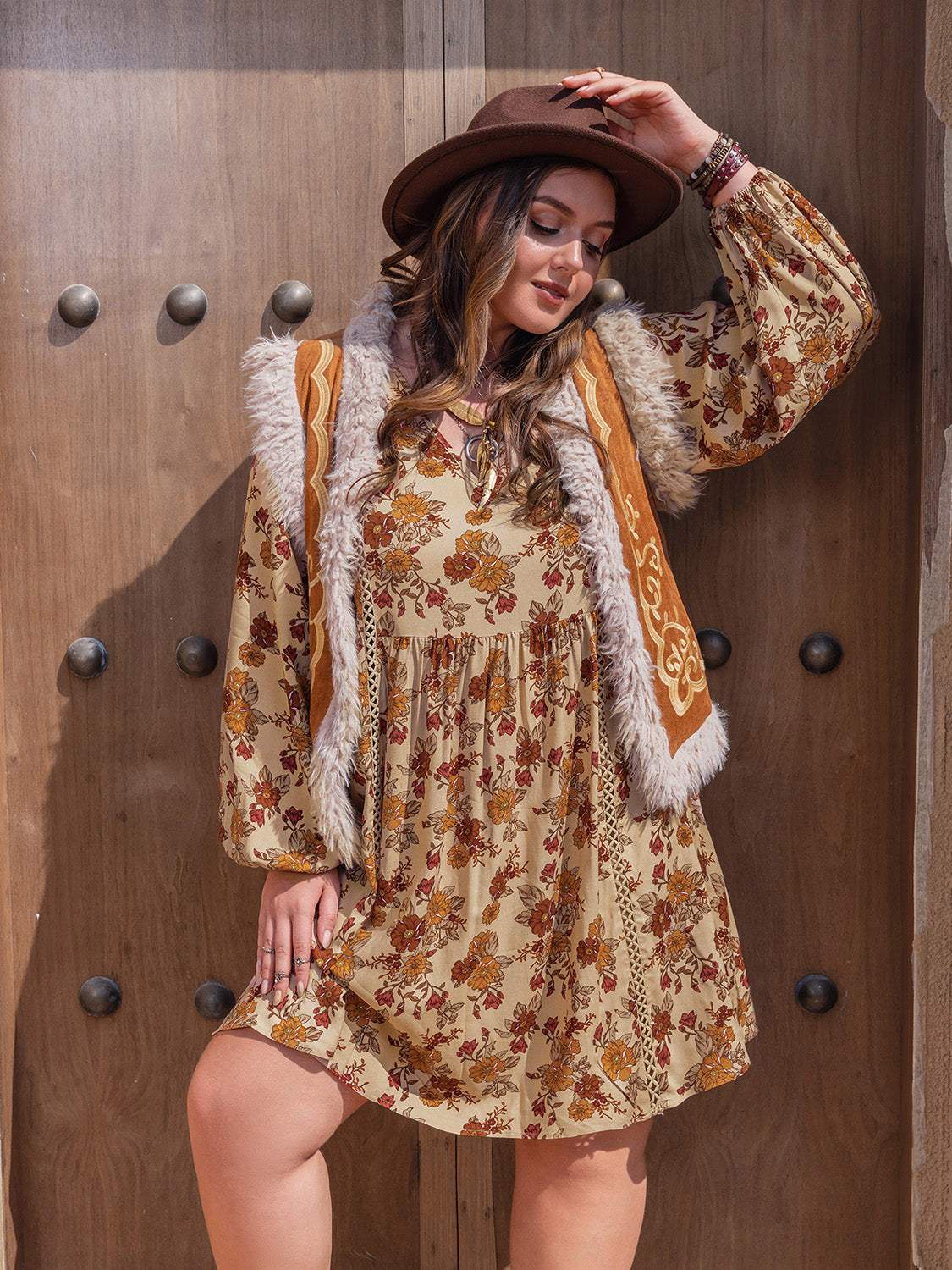 Plus Size Printed V-Neck Balloon Sleeve Mini Dress - Trendsi - Flyclothing LLC