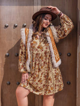Plus Size Printed V-Neck Balloon Sleeve Mini Dress - Trendsi - Flyclothing LLC