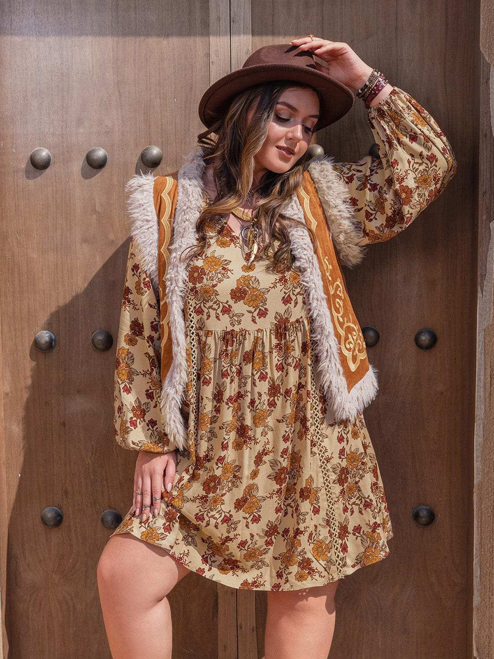 Plus Size Printed V-Neck Balloon Sleeve Mini Dress - Trendsi - Flyclothing LLC