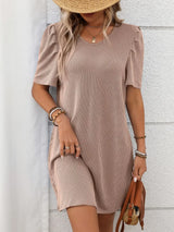 Textured Round Neck Short Sleeve Mini Dress - Trendsi - Flyclothing LLC