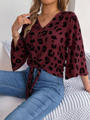 Tied Button Up Leopard V-Neck Blouse Trendsi