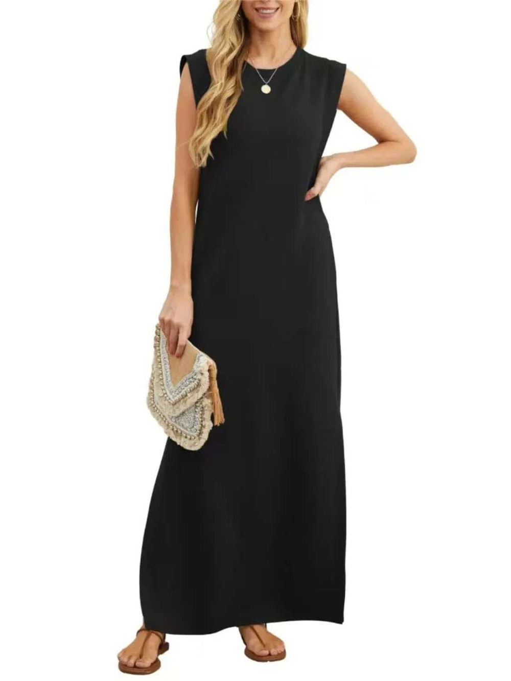 Full Size Slit Round Neck Sleeveless Maxi Tank Dress Plus Size - Trendsi - Flyclothing LLC