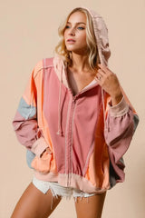 Double Take Full Size Color Block Zip Up Hoodie - Trendsi - Flyclothing LLC