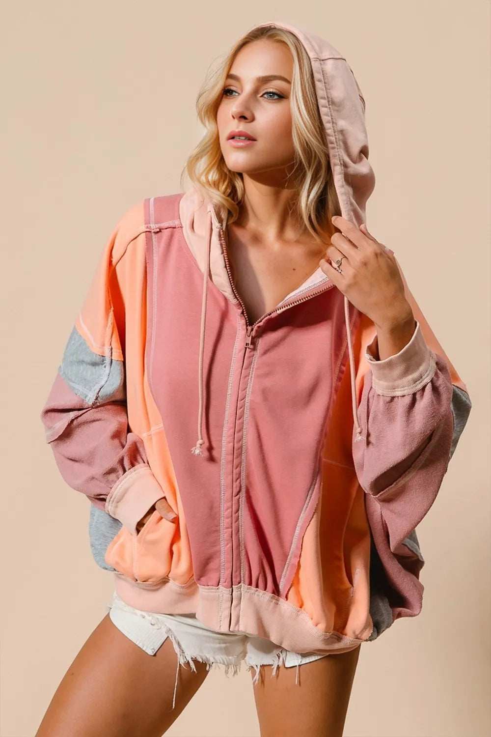 Double Take Full Size Color Block Zip Up Hoodie - Trendsi - Flyclothing LLC