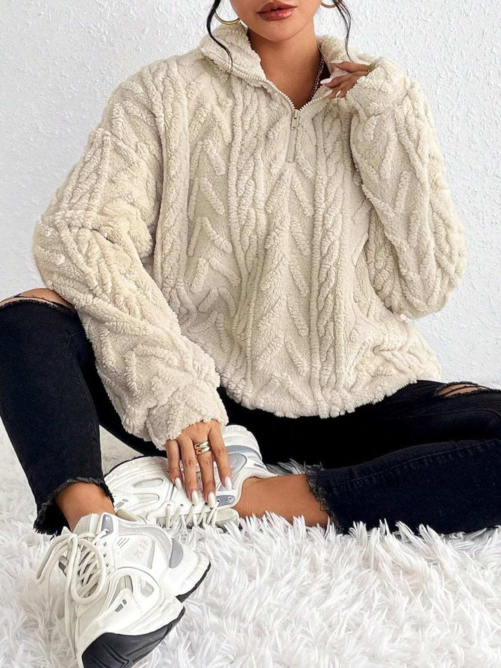 Fuzzy Quarter Zip Long Sleeve Sweatshirt - Trendsi - Flyclothing LLC