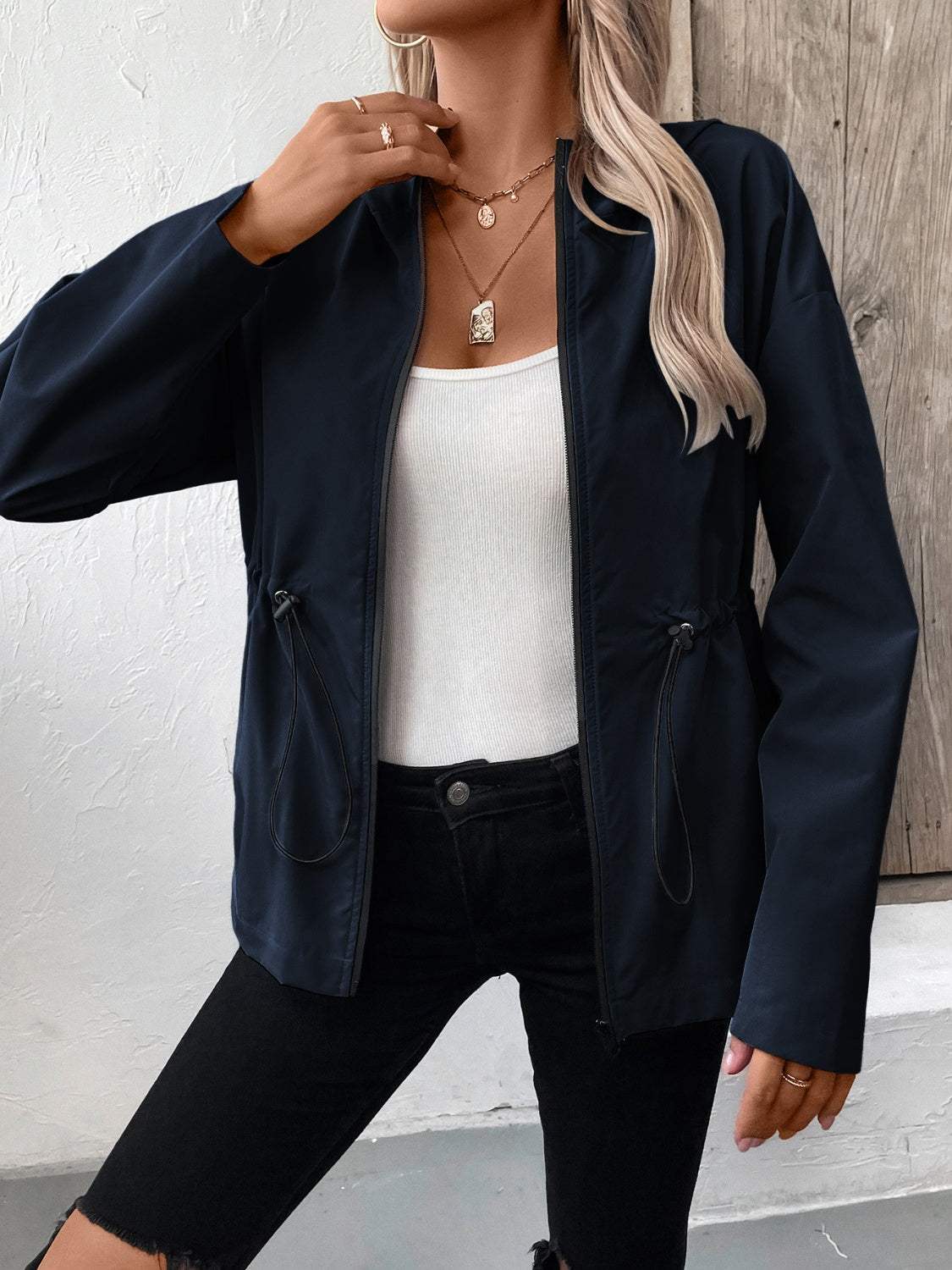 Drawstring Zip Up Hooded Jacket - Trendsi - Flyclothing LLC