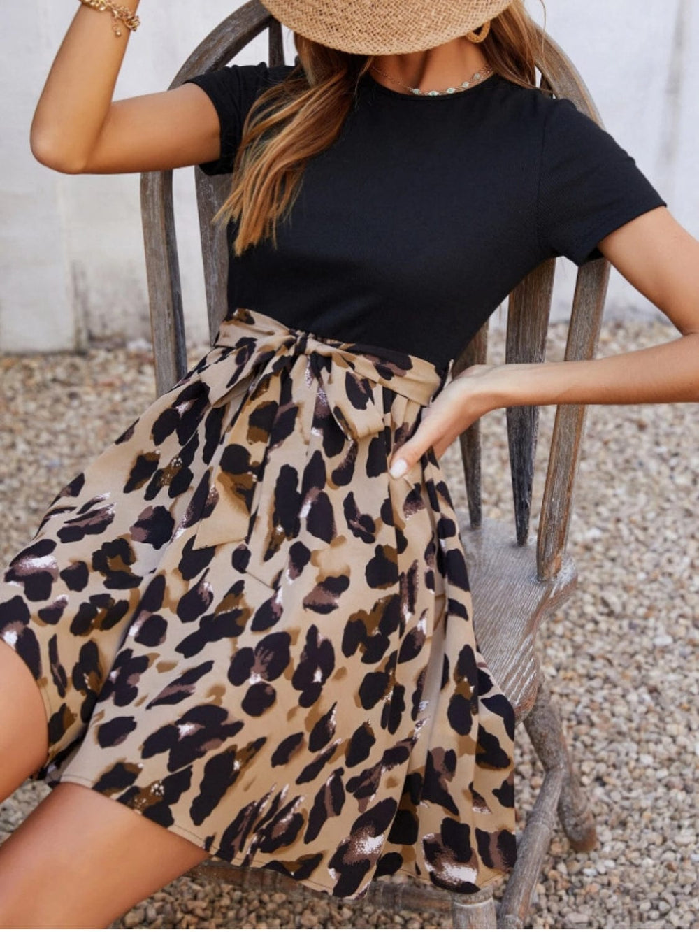 Tied Front Contrast Leopard Short Sleeve Mini Dress - Trendsi