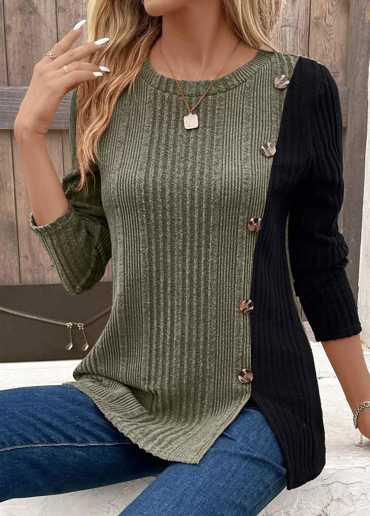Color Block Ribbed Knit Decor Button T-Shirt - Trendsi - Flyclothing LLC