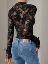 Perfee Lace V-Neck Long Sleeve Bodysuit - Trendsi - Flyclothing LLC