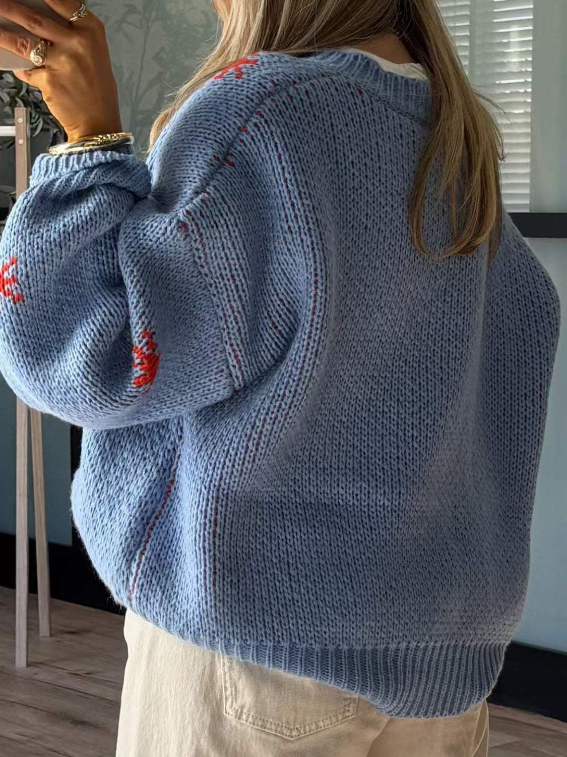 Boot Pattern Round Neck Dropped Shoulder Sweater - Trendsi - Flyclothing LLC