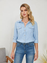 Pocketed Button Up Long Sleeve Denim Shirt - Trendsi