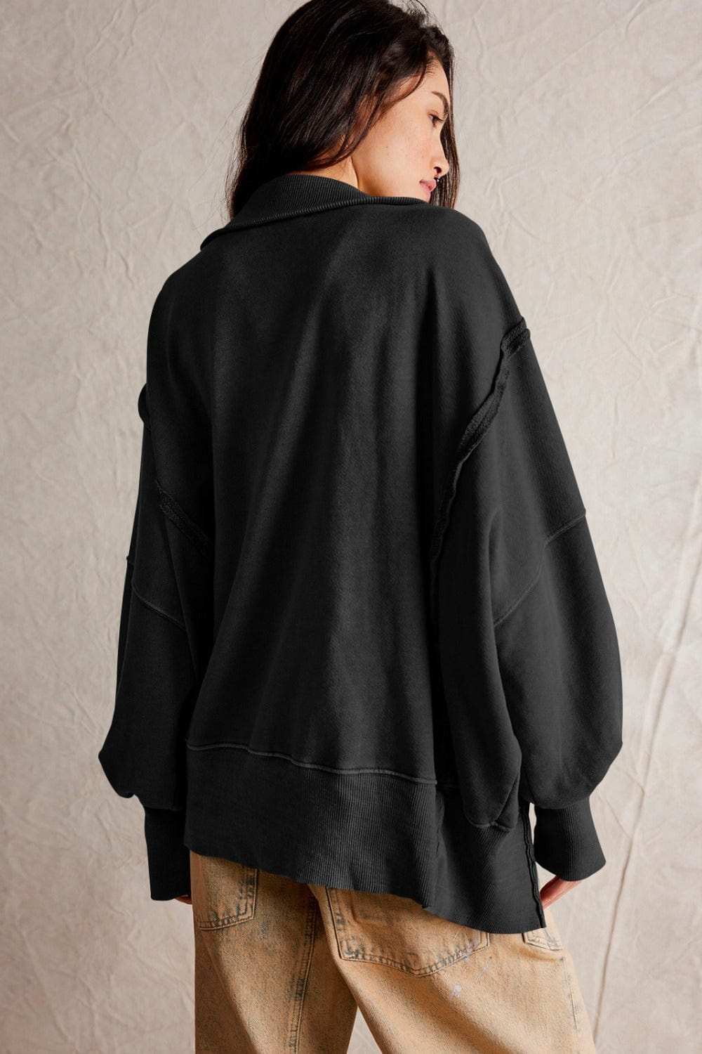 Exposed Seam Side Slit Long Sleeve Sweatshirt - Trendsi - Flyclothing LLC