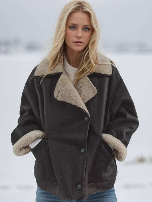 Collared Neck Long Sleeve Plush Jacket - Trendsi - Flyclothing LLC