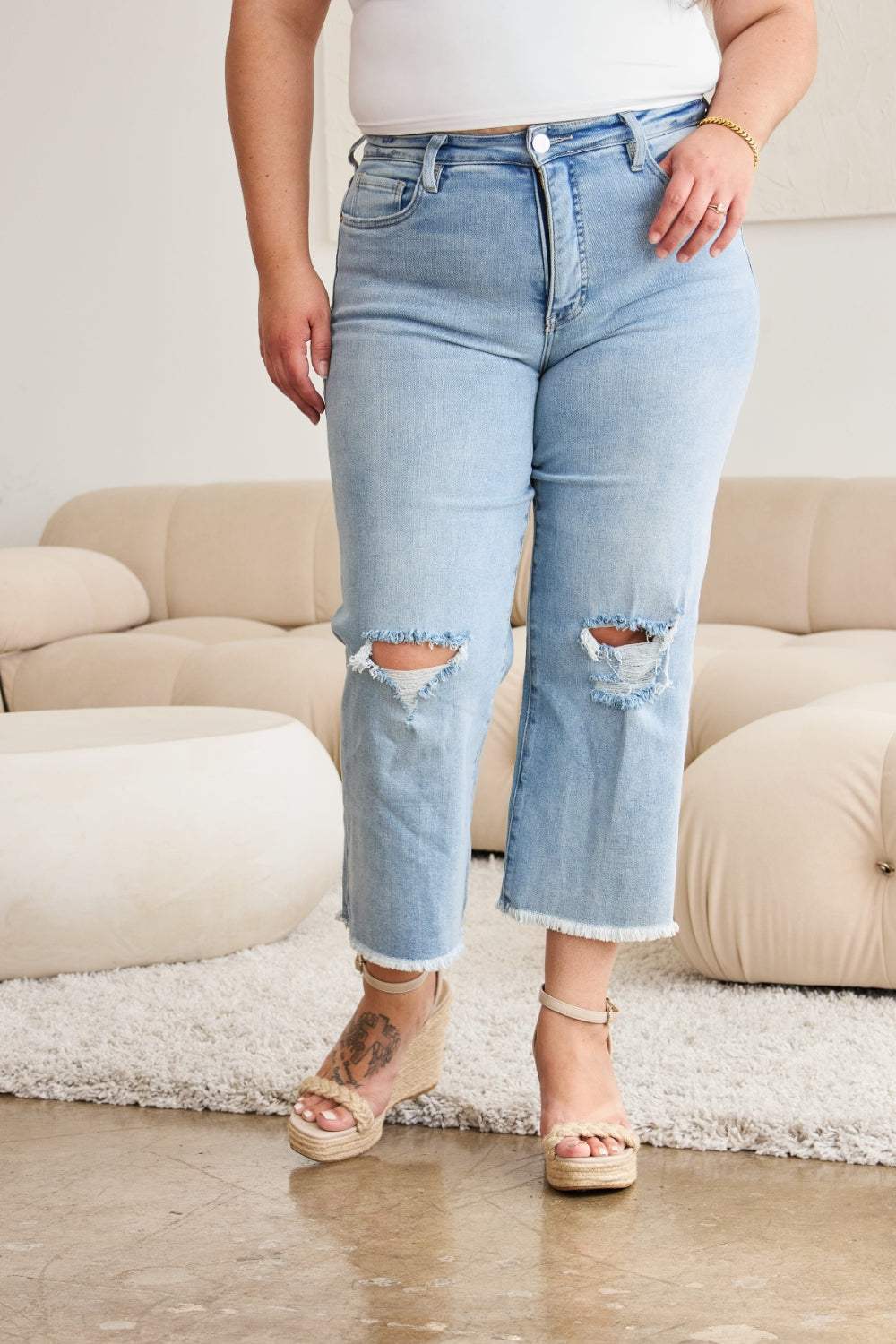 RFM Full Size Tummy Control High Waist Raw Hem Distressed Jeans - Trendsi - Flyclothing LLC