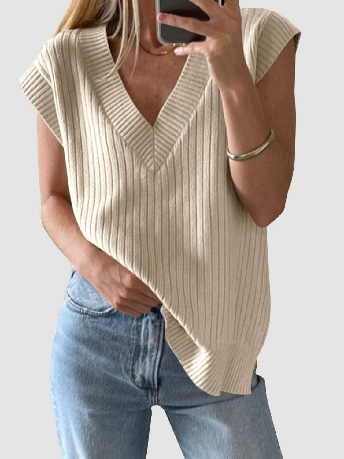 Mandy Ribbed V-Neck Sweater Vest - Trendsi - Flyclothing LLC
