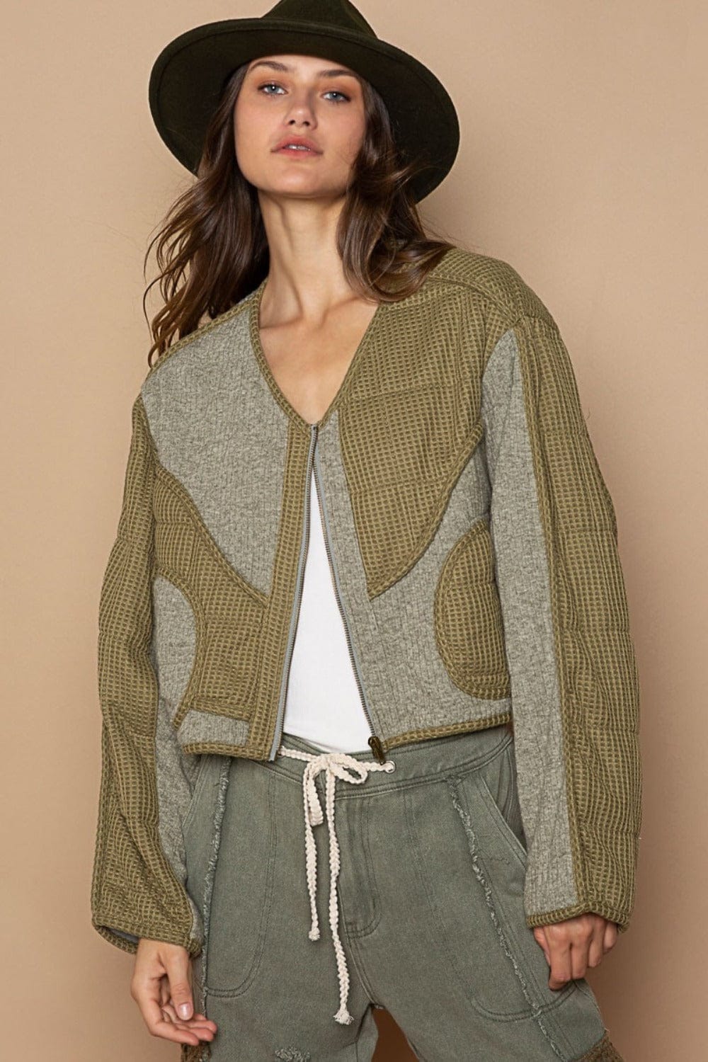POL Quilted Knit Viding Detail Knit Patch Jacket - Trendsi