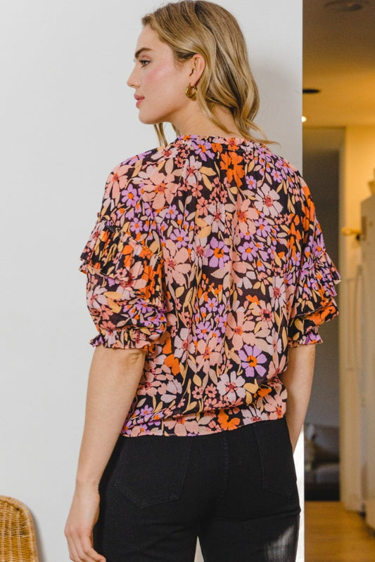 ODDI Full Size Floral Tie Neck Ruffled Blouse - Trendsi