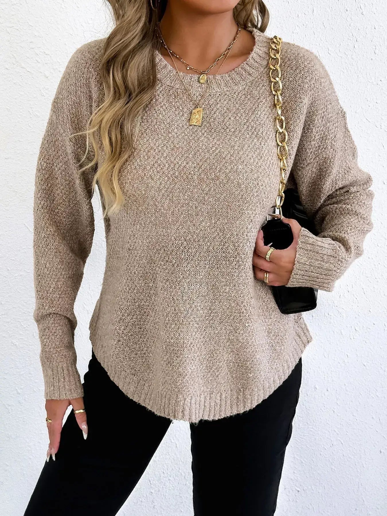 Textured Knit Relaxed Fit Round Neck Sweater - Trendsi - Flyclothing LLC