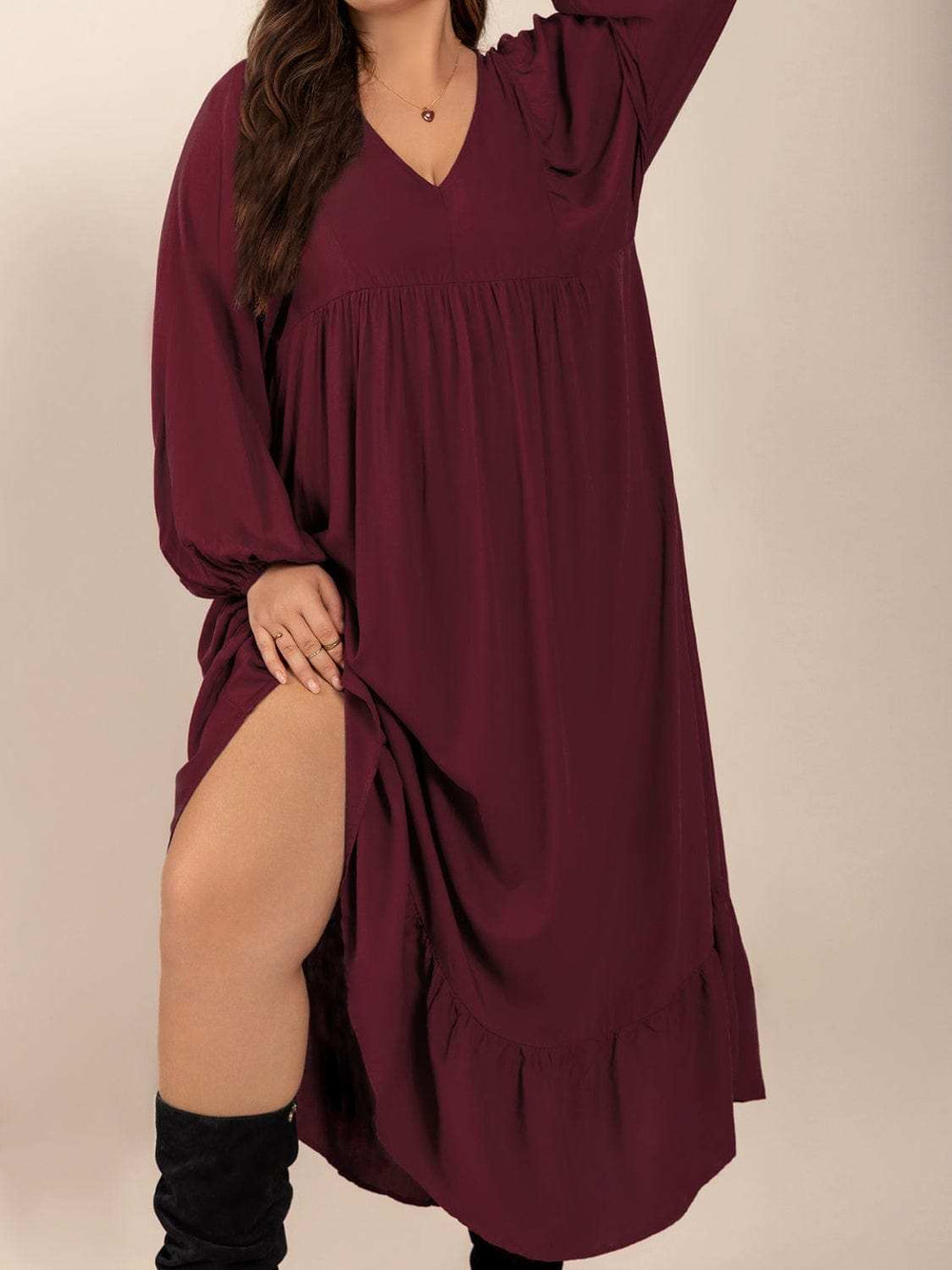 Plus Size Ruffled Hem V-Neck Balloon Sleeve Dress - Trendsi - Flyclothing LLC