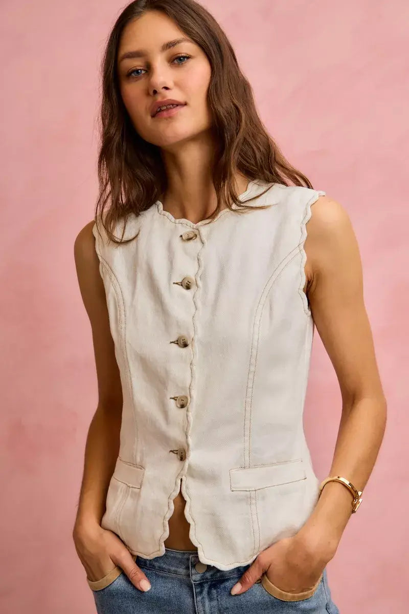 SO ME Scalloped Edge Cotton Twill Washed Vest Top - Trendsi - Flyclothing LLC