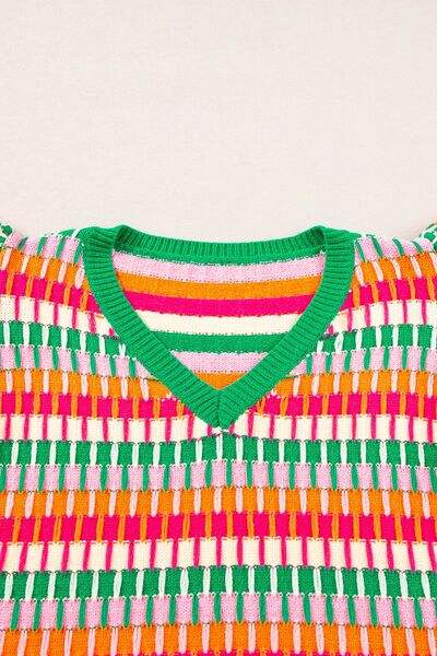 Contrast Striped V-Neck Knit Top - Trendsi - Flyclothing LLC