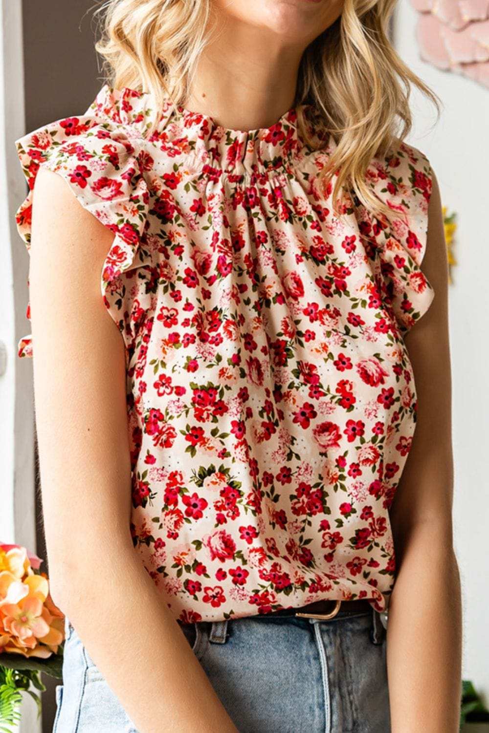 Ruffled Floral Round Neck Cap Sleeve Blouse - Trendsi - Flyclothing LLC