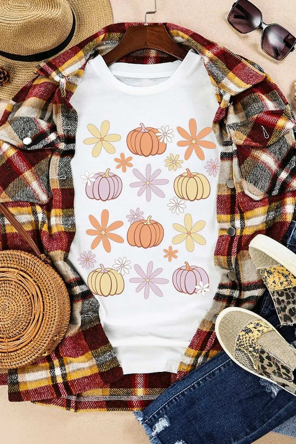 Pumpkin & Flower Round Neck Short Sleeve T-Shirt - Trendsi - Flyclothing LLC