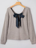Ribbed V Neck Contrast Ribbon Bow Back Drop Shoulder Long Sleeve Top - Trendsi - Flyclothing LLC