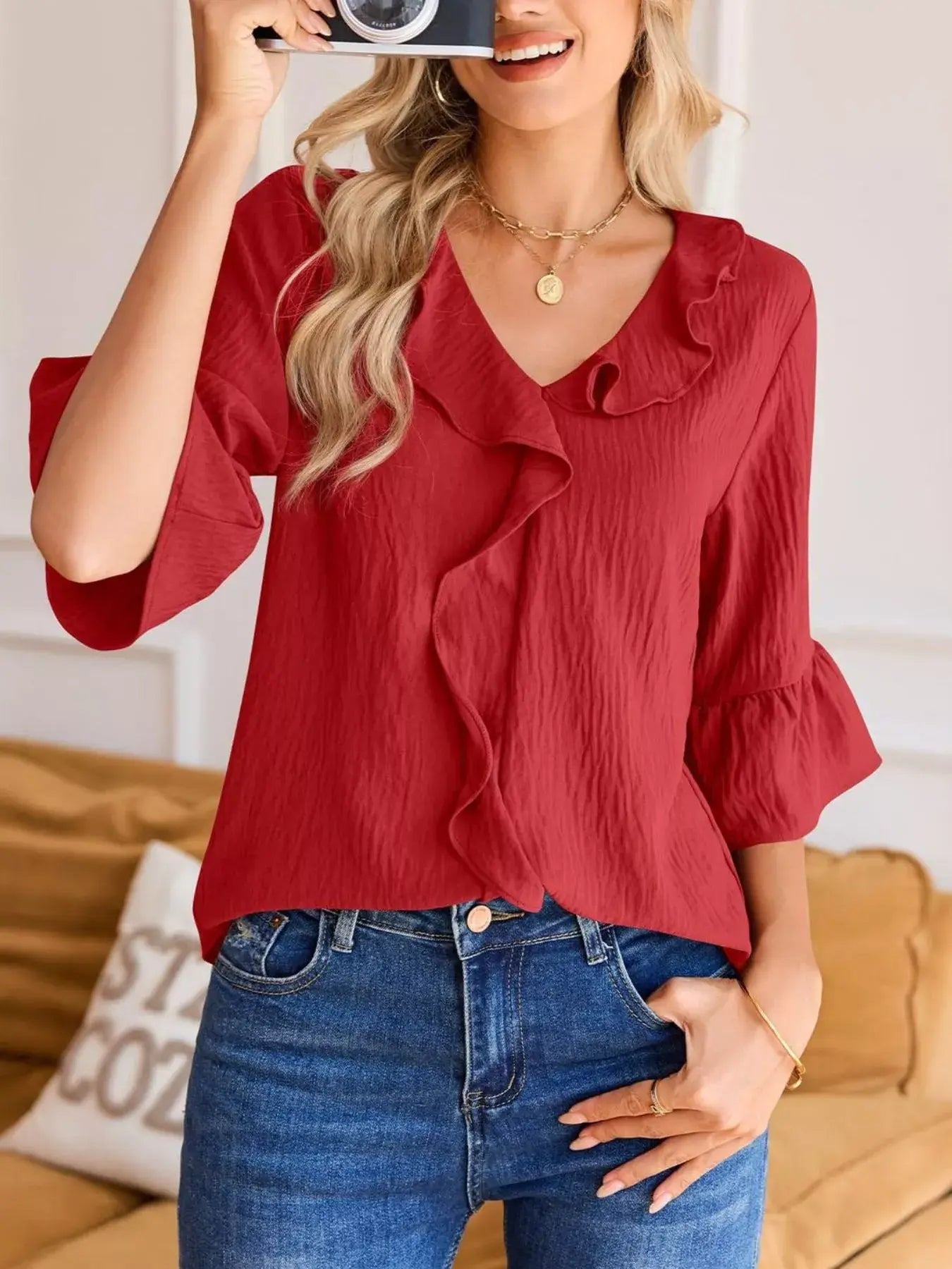 Ruffled Flounce Sleeve Blouse - Trendsi - Flyclothing LLC