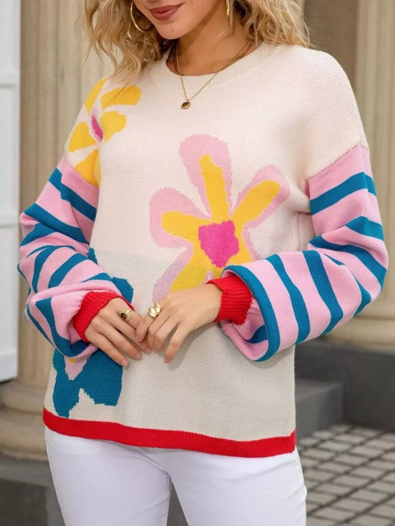 Floral Striped Crew Neck Sweater - Trendsi - Flyclothing LLC