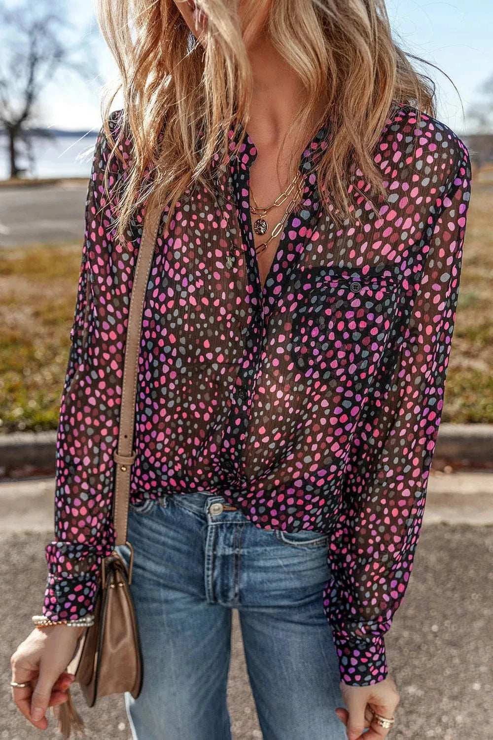 Printed Notched Long Sleeve Blouse - Trendsi - Flyclothing LLC