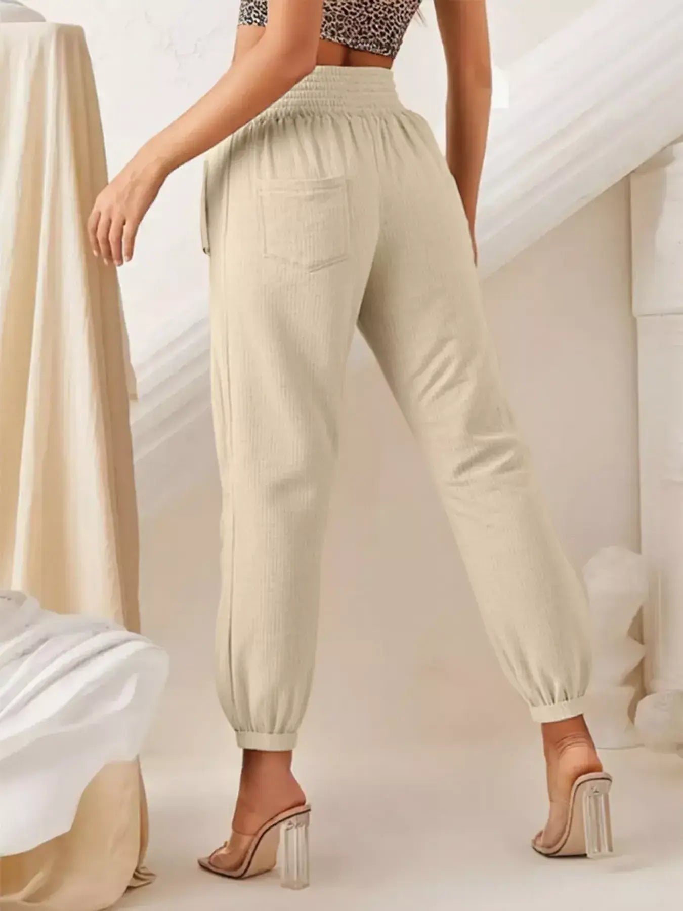 Smocked Textured Casual Pants - Trendsi - Flyclothing LLC