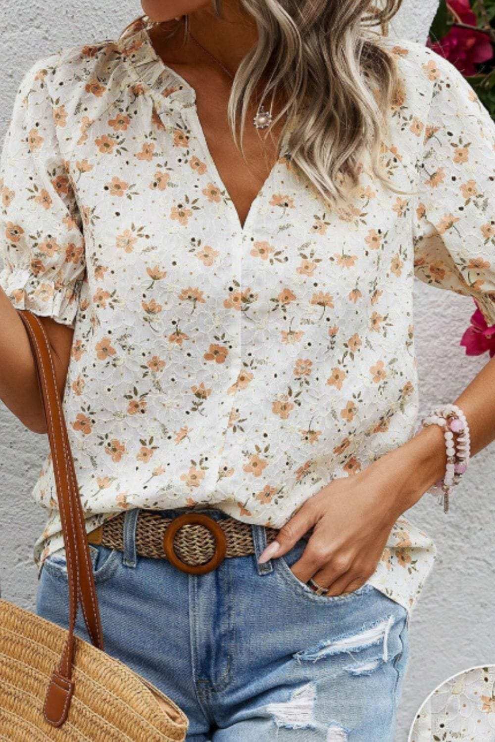 Frill Printed Notched Short Sleeve Blouse - Trendsi - Flyclothing LLC