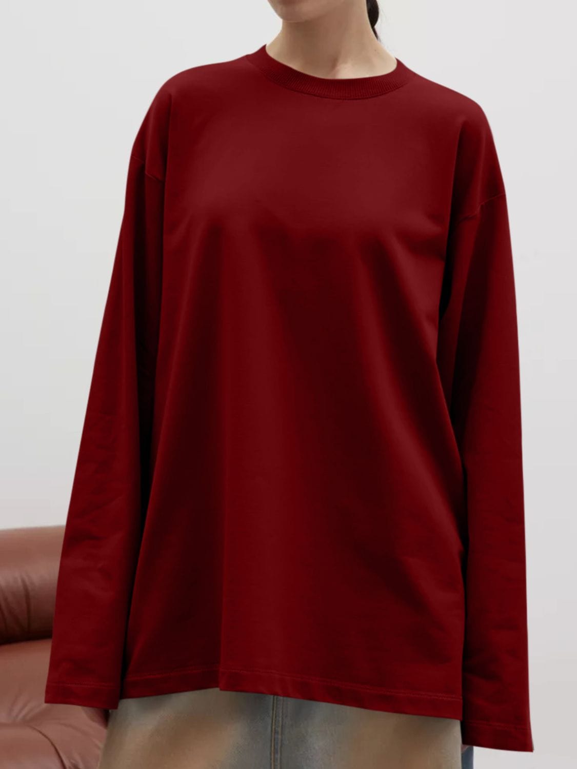 Round Neck Dropped Shoulder Long Sleeve T-Shirt - Trendsi