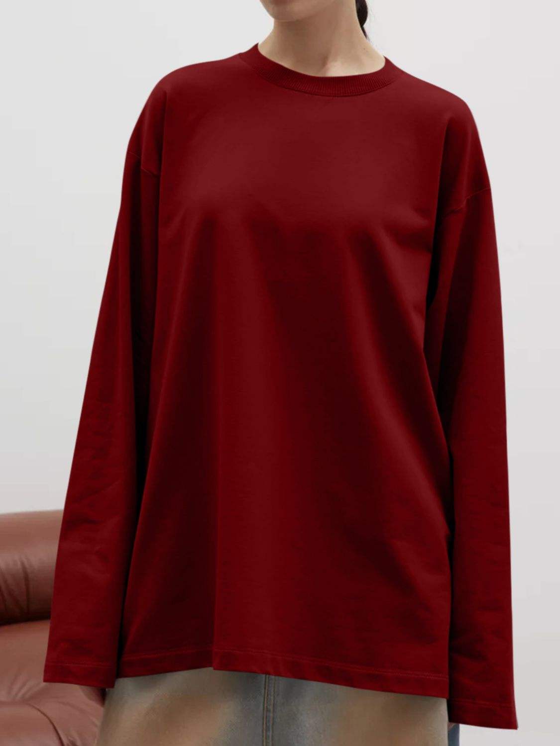 Round Neck Dropped Shoulder Long Sleeve T-Shirt - Trendsi - Flyclothing LLC