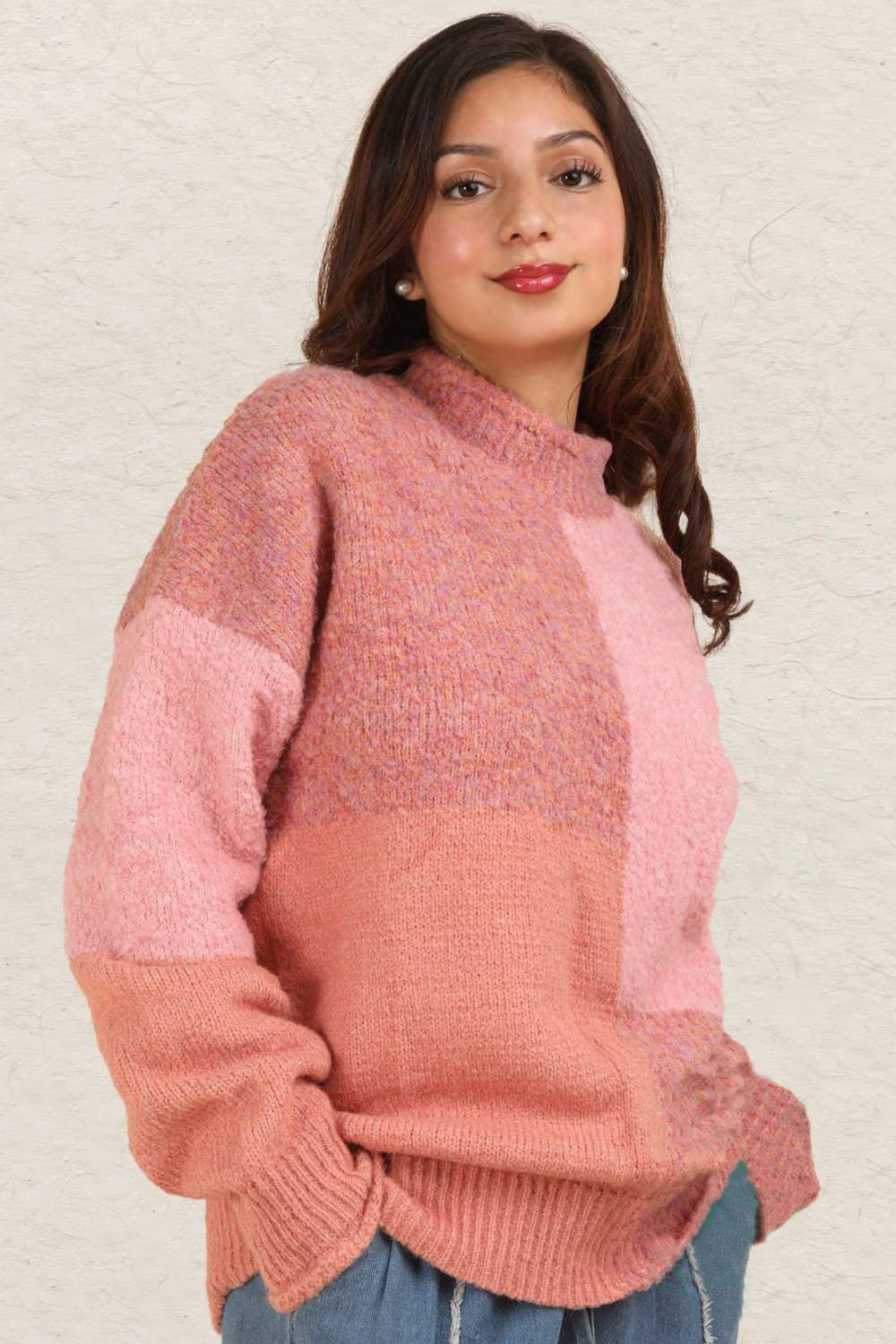 VERY J Color Block Mock Neck Drop Shoulder Sweater - Trendsi - Flyclothing LLC