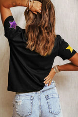 Sequin Stars Patched Round Neck T-Shirt - Trendsi - Flyclothing LLC
