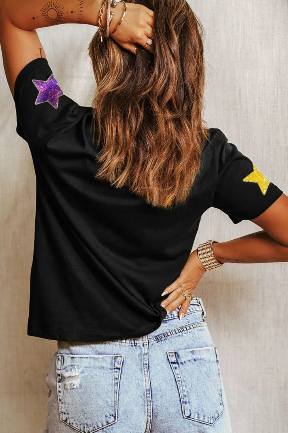 Sequin Stars Patched Round Neck T-Shirt - Trendsi - Flyclothing LLC