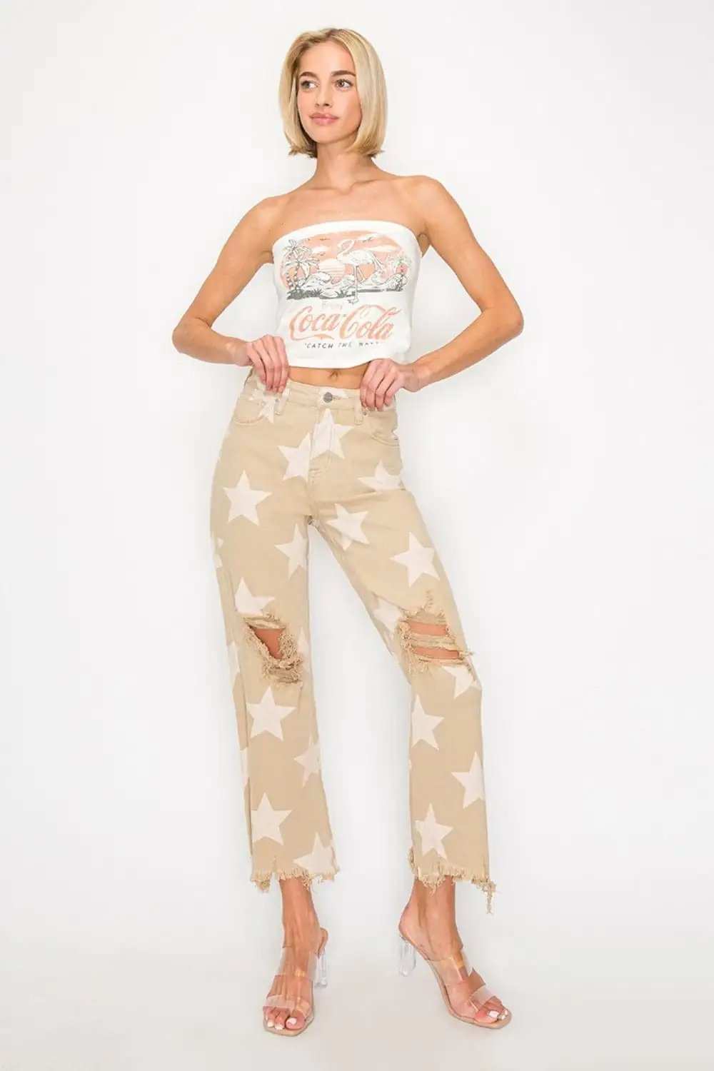 RISEN Full Size High Rise Star Printed Frayed Hem Jeans - Trendsi - Flyclothing LLC