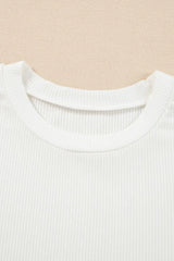 Eyelet Short Sleeve Patchwork Ribbed Top - Trendsi - Flyclothing LLC