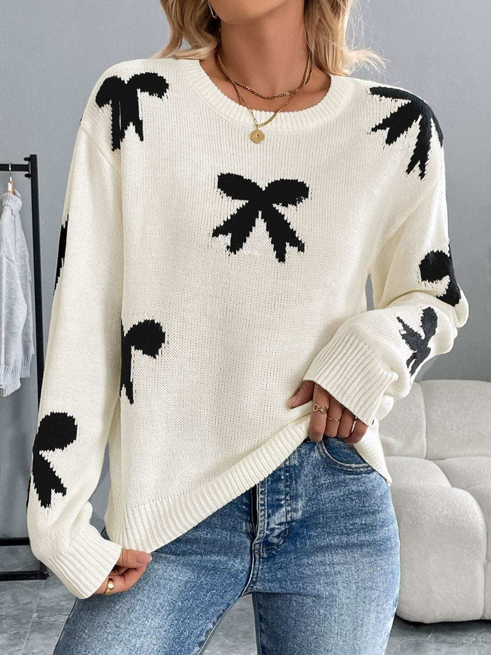 Perfee Bow Graphic Round Neck Long Sleeve Sweater - Trendsi - Flyclothing LLC
