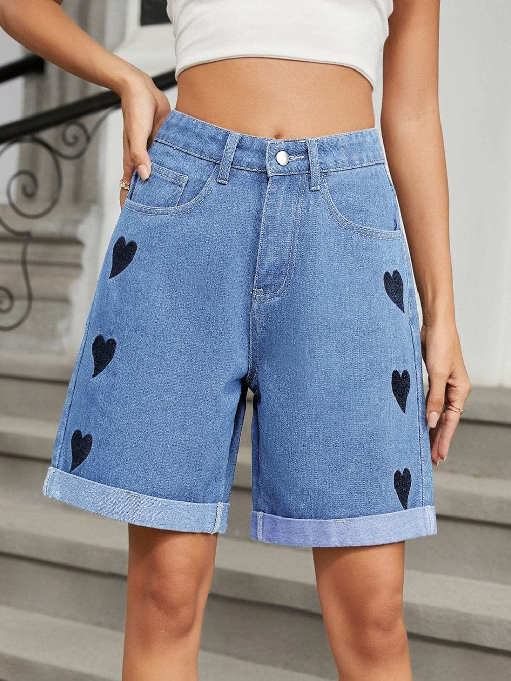 Heart-Pattern Rolled Hem Denim Shorts - Trendsi - Flyclothing LLC