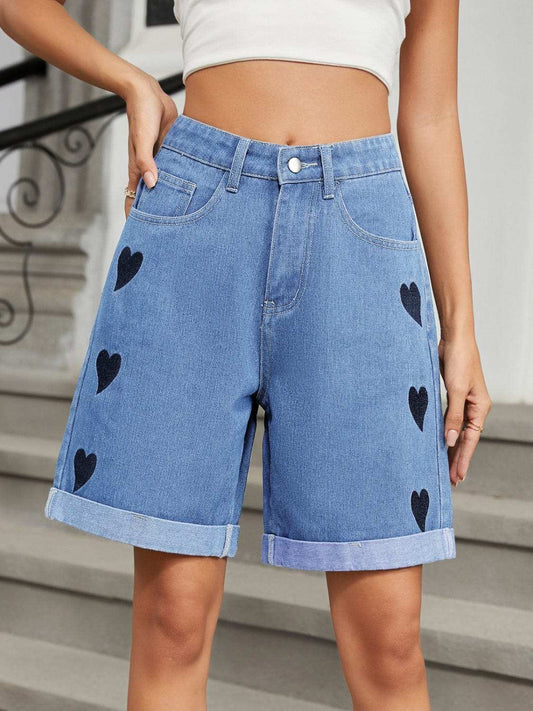 Heart-Pattern Rolled Hem Denim Shorts - Trendsi - Flyclothing LLC
