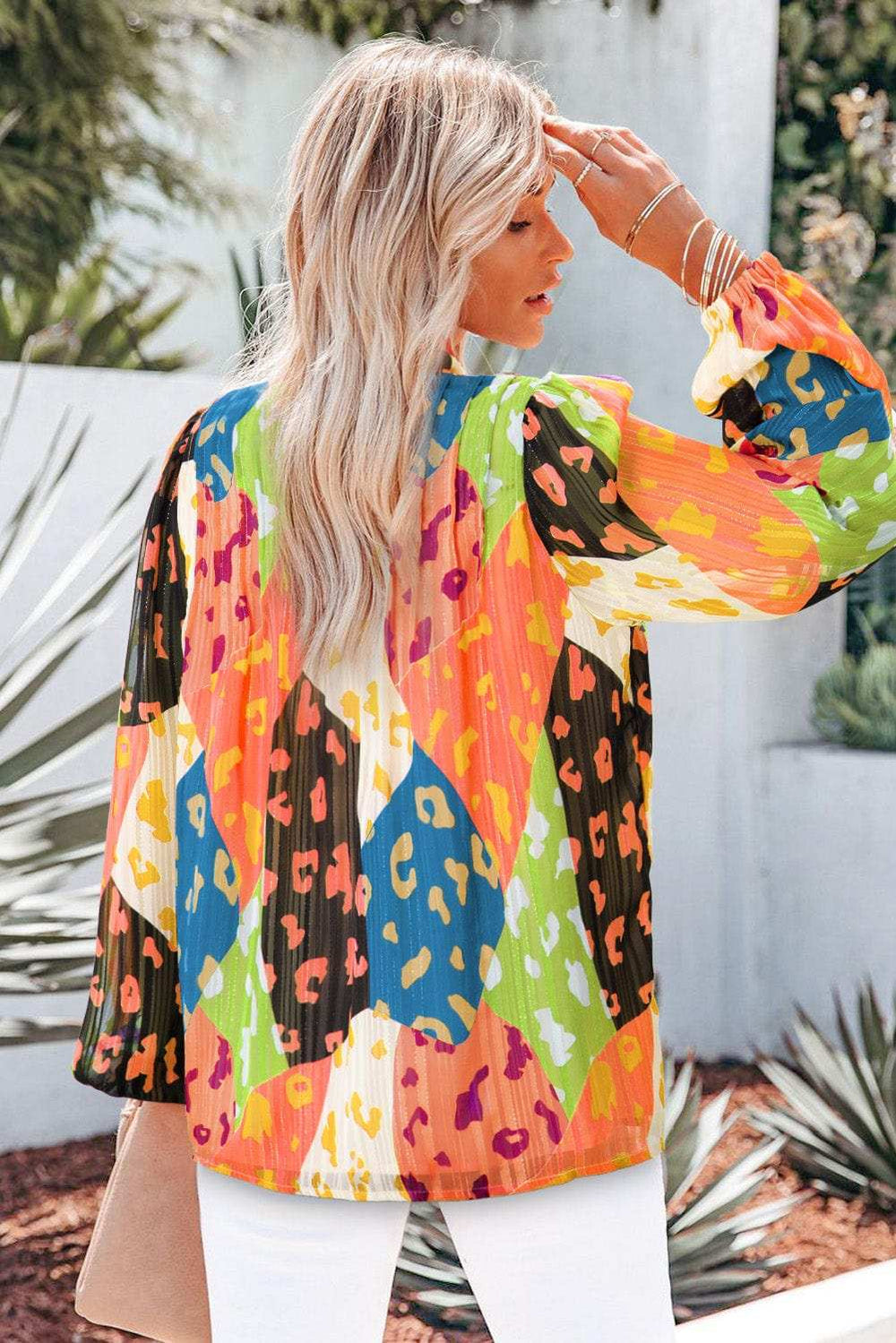 Printed Notched Long Sleeve Blouse - Trendsi - Flyclothing LLC