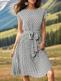 Printed Cap Sleeve Tie Waist Dress - Trendsi